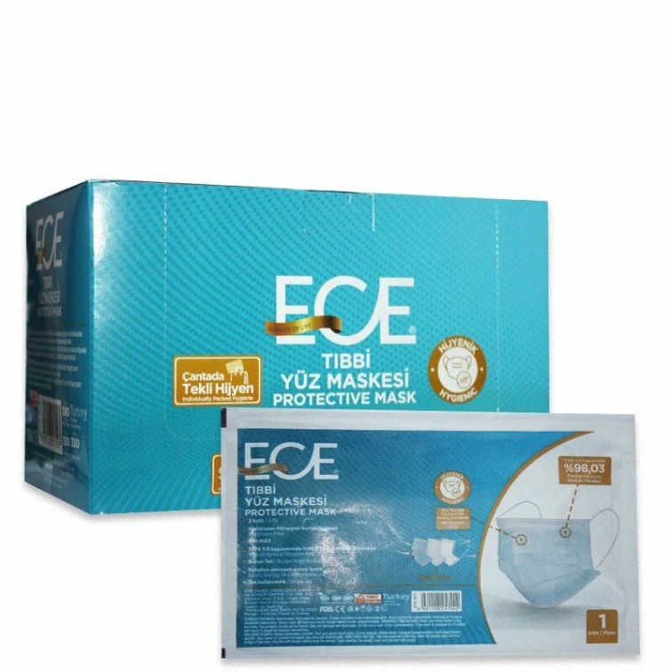 Ece 3 Katlı Steril Tekli Paketlenmiş Mavi Cerrahi Maske Telli 50'li - Ece