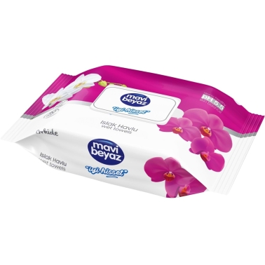 Mavi Beyaz Islak Havlu Mendil 90 Yaprak Orkide - Mavi Beyaz