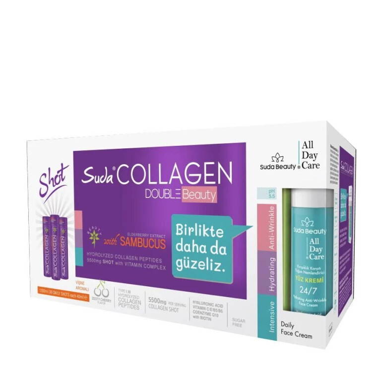 Suda Collagen Double Beauty (30 Shot Vişne Kolajen & Suda Beauty All Day Care Yüz Kremi 50ml) - Suda Collagen